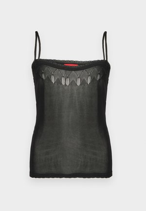 Black camisole top made of sheer fabric, featuring delicate embroidered details along the neckline and thin adjustable straps.