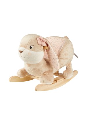 Rocking toy in beige plush with pink floral-patterned fabric on the back. Features large ears, a flower accent, and wooden rockers.
