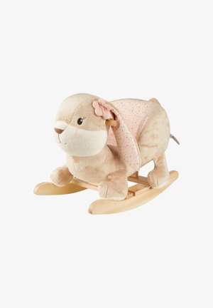 Rocking toy in beige plush with pink floral-patterned fabric on the back. Features large ears, a flower accent, and wooden rockers.