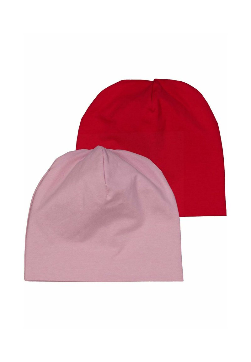 Zwei Beanie-Mützen: eine rote und eine hellrosa. Hergestellt aus weichem, dehnbarem Stoff mit glatter Textur und einfachem Design.