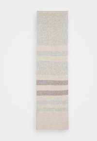 Écharpe rayée gris et crème, avec un tissu doux à texture côtelée. Rayures remarquables en gris clair, crème et taupe.