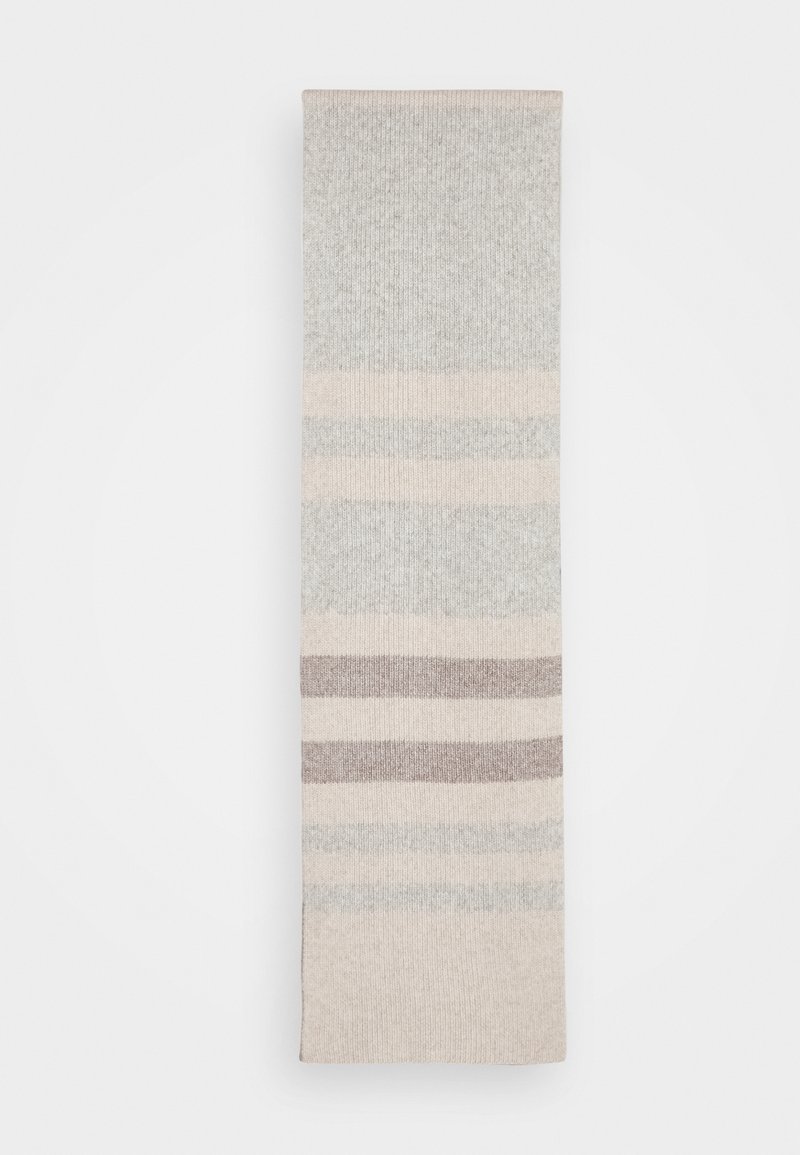 Écharpe rayée gris et crème, avec un tissu doux à texture côtelée. Rayures remarquables en gris clair, crème et taupe.