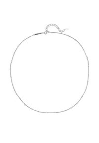 Collier en chaîne argentée présentant un design délicat avec des maillons petits alternés. Fermeture à mousqueton et longueur ajustable avec chaîne d'extension.