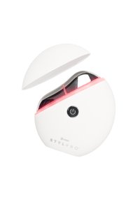 STYLPRO Make-up-Pinselreiniger, weißer Kunststoff mit pinken Akzenten, abgerundetes Design, transparenter Deckel, Power-Taste auf der Vorderseite.