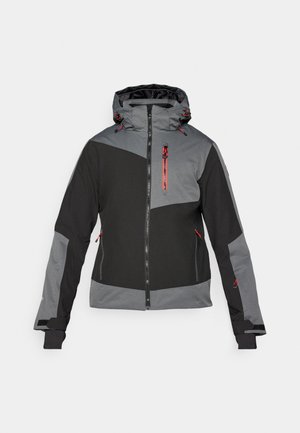 Schwarze und graue Outdoor-Jacke mit durchgehendem Reißverschluss, verstellbarem Kapuzenrand und roten Akzenten. Verfügt über ein Color-Block-Design und mehrere Reißverschlusstaschen.
