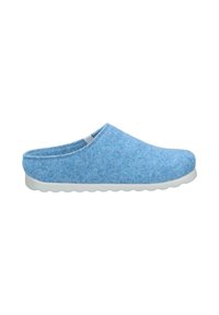 Blue felt slipper with a rounded open back, textured surface, and a white rubber sole featuring a scalloped edge.