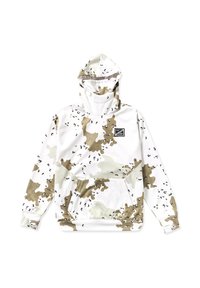 Sudadera con capucha en un patrón de camuflaje blanco y beige, hecha de tela suave, con un bolsillo frontal y un pequeño parche de logo.