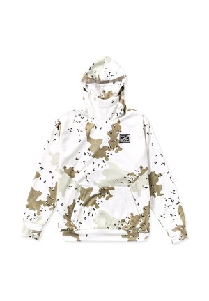 Sudadera con capucha en un patrón de camuflaje blanco y beige, hecha de tela suave, con un bolsillo frontal y un pequeño parche de logo.