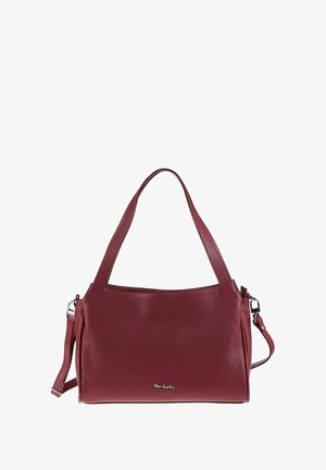 Rode leren handtas met een gestructureerde afwerking, enkele bovenhandgreep, afneembare schouderband en een logo-accent aan de voorkant.