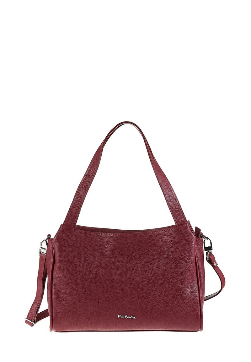 Borsa a mano in pelle rossa con finitura testurizzata, manico singolo superiore, tracolla removibile e accento del logo sul davanti.