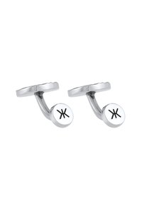 Gemelli in argento con finitura lucida, forma rotonda e design inciso in nero sulla parte anteriore. Presentano un perno curvo e un retro circolare.