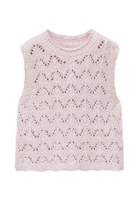 Maglione lavorato a maglia rosa chiaro con motivo a zigzag, maniche corte e colletto rotondo. Tessuto testurizzato con dettagli a tessitura aperta.