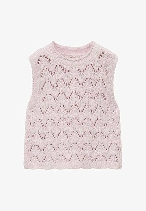 Svetlo roza pletena pulover s chevron vzorcem, kratkimi rokavi in okroglim izrezom. Teksturirano blago z odprtimi tkalskimi podrobnostmi.