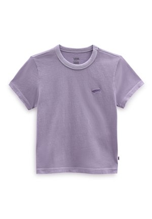 T-shirt court Vans lavande avec col rond et petit logo skate sur le côté gauche de la poitrine, présenté sur fond blanc.