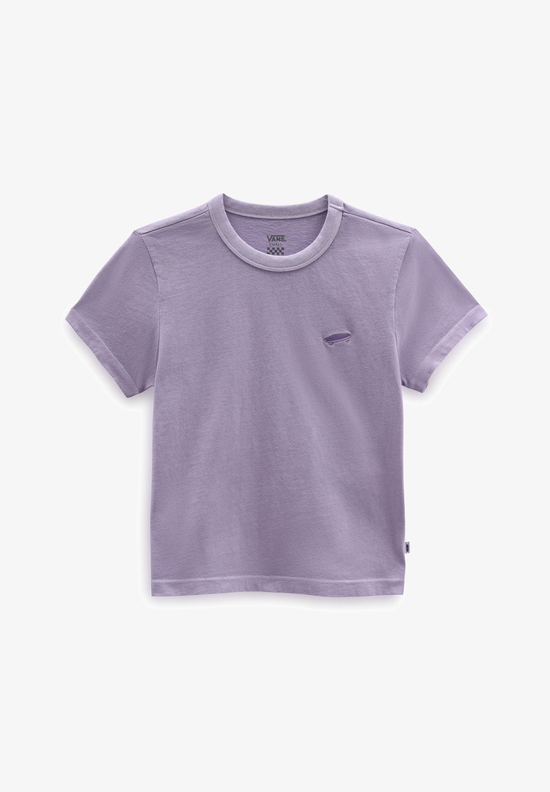 T-shirt court Vans lavande avec col rond et petit logo skate sur le côté gauche de la poitrine, présenté sur fond blanc.
