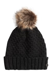 Gorro de lana negro con puño acanalado, que presenta un pompón de pelaje sintético esponjoso en la parte superior. Cuerpo texturizado con un patrón sutil y un acento de marca.
