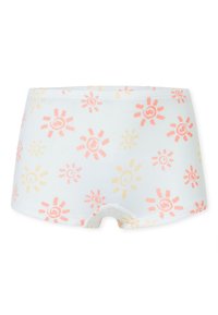 Culottes de algodón en azul claro, con un patrón de sol repetido en tonos durazno y amarillo. Textura suave, corte a media altura.