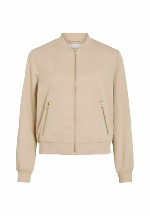 Veste bomber beige clair avec fermeture zippée dorée et poches latérales zippées, poignets et ourlet côtelés.