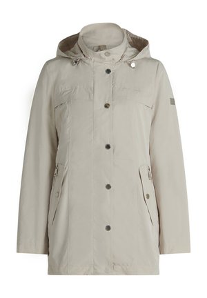 Hellbeige Kapuzenjacke mit Druckknöpfen vorne, seitlichen Reißverschlusstaschen und hohem Kragen.