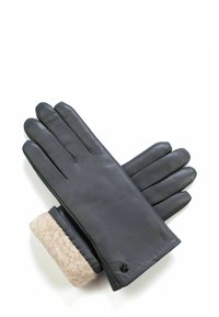 Black leather gloves with a soft beige shearling cuff. Features include four fingers, sleek design, and subtle stitched accents.