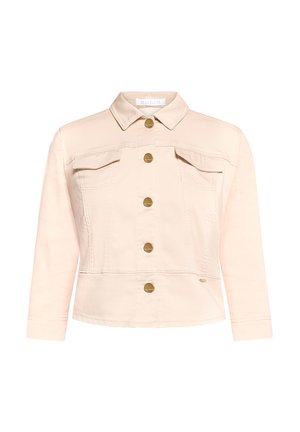 Hellbeige Jeansjacke mit langen Ärmeln, Kragen, zwei aufgesetzten Brusttaschen und fünf goldenen Knöpfen vorne.