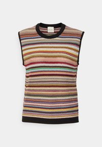 Haut tricoté sans manches avec des rayures horizontales multicolores de différentes largeurs, avec un col et un ourlet côtelés noirs.