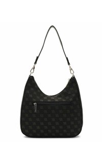 Borsa hobo nera con un sottile motivo logo, tessuto liscio, parte superiore curvata e tasca frontale con zip. Presenta una sola tracolla.
