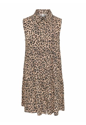 Šaty bez rukávov s golierom a zapínaním na gombíky, s viacvrstvovou sukňou v béžovo-čiernom leopardom vzore.