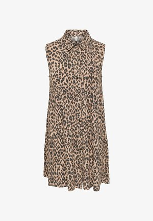 Varrukateta kraega nööpidega kleit kihilise seelikuga beeži ja musta leopardimustriga.