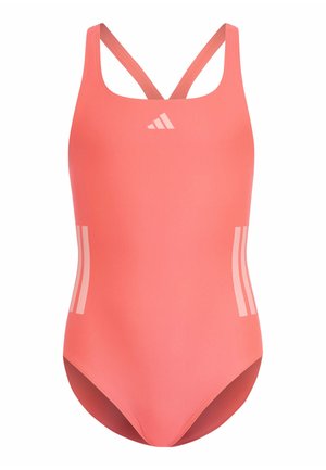 Koraalkleurige eendelige badpak met gekruiste bandjes op de rug, Adidas-logo op de borst en drie witte strepen aan elke kant.
