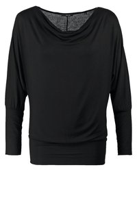 Haut noir à manches longues pour femmes avec manches chauve-souris, encolure large dégagée et taille cintrée, fabriqué en tissu doux et extensible.