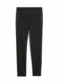 Zwarte sportleggings van rekbaar materiaal, met een soepele tailleband en gestructureerde zijpanelen met ritsen bij de enkels.