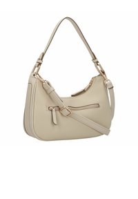 Beige Leder Schultertasche mit einem einzelnen Griff und einem verstellbaren Riemen. Verfügt über eine vordere Reißverschlusstasche und goldfarbene Hardware-Akzente.