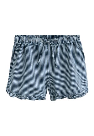 Marineblå og hvide ternede shorts med elastisk talje, snørelukning, sidelommer og flæsekant.