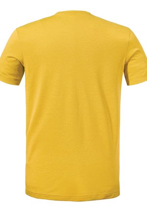 Kurzärmliges gelbes T-Shirt mit rundem Ausschnitt, glatter Textur und dezentem Streifenmuster auf dem Stoff. Rückansicht dargestellt.