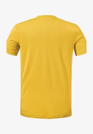 Kurzärmliges gelbes T-Shirt mit rundem Ausschnitt, glatter Textur und dezentem Streifenmuster auf dem Stoff. Rückansicht dargestellt.