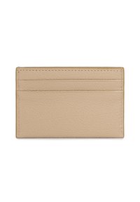 Portacarte in pelle beige con finitura traforata. Presenta molteplici scomparti per carte e cuciture pulite lungo i bordi. Forma rettangolare compatta.