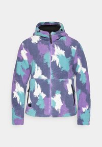 Mikina s kapucňou z fleece materiálu v purpurovej, tyrkysovej a bielej abstraktnej potlači. Obsahuje čierny zips a bočné vrecká. Mäkká textúra.