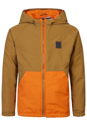 Kinderjacke mit Kapuze in zweifarbigem Braun und Orange, mit Frontreißverschluss und orangefarbenen Fronttaschen.