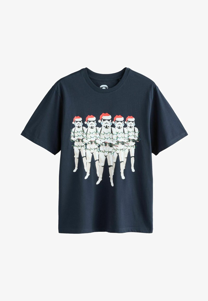 Černé bavlněné tričko s grafikou šesti stormtrooperů v santovských čepicích, zabalených do vánočních světel, s kulatým výstřihem.