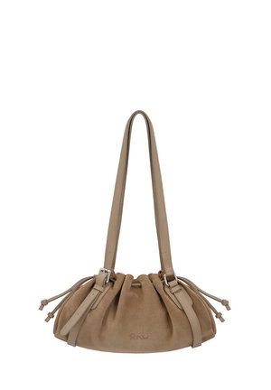 Soft tan suede shoulder bag with long adjustable straps and gathered drawstring sides, embossed with subtle "RKU" logo at base center.