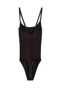 Sort bodysuit med tynde justerbare stropper, lav udskæring og ribbet tekstur. Har høje benåbninger og minimale syninger.