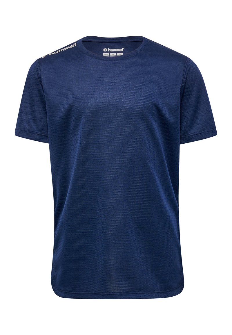 T-shirt de sport à manches courtes bleu marine en tissu texturé, avec un col rond et des accents de logo sur les épaules.