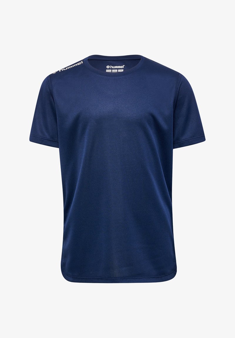 Mörkblå kortärmad sportt-shirt i strukturerad tyg, med rundad hals och logotypdetaljer på axlarna.