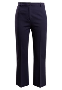 Marinblå skräddarsydda byxor i strukturerad tyg, med rak benmodell, knappstängning och sidofickor.