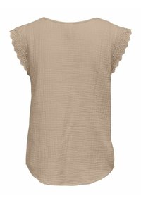 Top beige a maniche corte con bordo a occhielli scalloppato sulle spalle. Il tessuto presenta un design testurizzato e arricciato con orlo arrotondato.