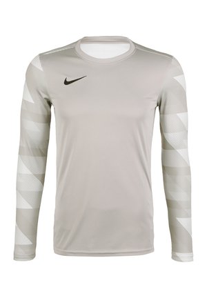 Langärmliges graues Sportshirt mit Rundhalsausschnitt. Verfügt über strukturierte weiße Musterakzente an den Ärmeln und ein kleines schwarzes Nike-Logo.