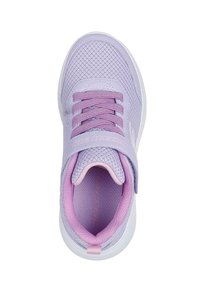 Lilac sneaker with mesh fabric, round toe, flat white sole, purple laces, and a velcro strap labeled “SKECHERS” on the side.