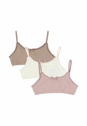Trois soutiens-gorge d'entraînement en coton doux mauve, blanc et taupe, chacun avec des bretelles fines et un petit nœud à l'avant.