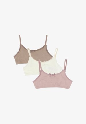 Trois soutiens-gorge d'entraînement en coton doux mauve, blanc et taupe, chacun avec des bretelles fines et un petit nœud à l'avant.